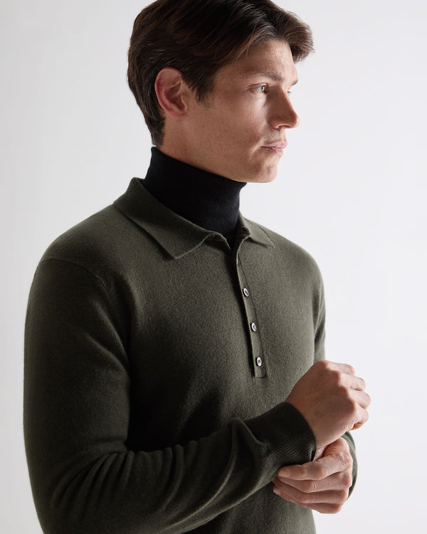 N.Peal Men's Greenwich Cashmere Polo Shirt Arabica Khaki Green