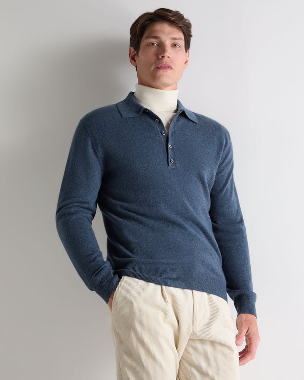 N.Peal Men's Greenwich Cashmere Polo Shirt Light Denim Blue