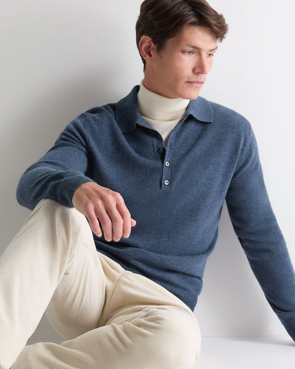 N.Peal Men's Greenwich Cashmere Polo Shirt Light Denim Blue