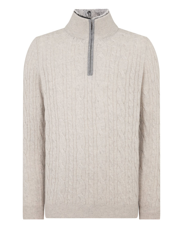 N.Peal Men's Fur Trim Half Zip Cashmere Jumper Nougat Brown Marl