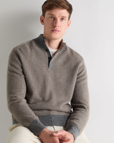 N.Peal Men's Half Button Herringbone Cashmere Jumper Truffle Houndstooth Grey