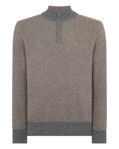 N.Peal Men's Half Button Herringbone Cashmere Jumper Truffle Houndstooth Grey