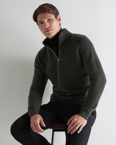 N.Peal Men's Fur Trim Half Zip Cashmere Jumper Arabica Khaki Green
