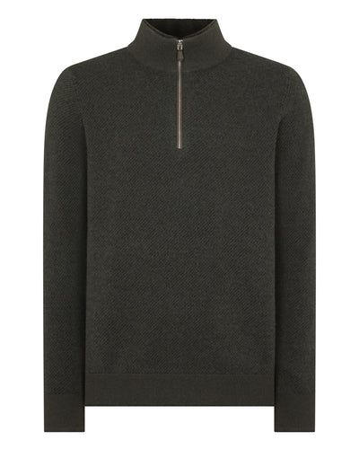 N.Peal Men's Fur Trim Half Zip Cashmere Jumper Arabica Khaki Green