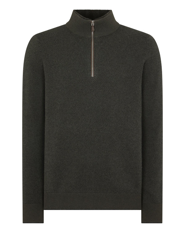 N.Peal Men's Fur Trim Half Zip Cashmere Jumper Arabica Khaki Green