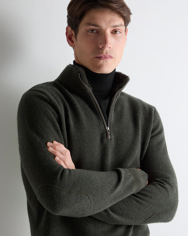 N.Peal Men's Fur Trim Half Zip Cashmere Jumper Arabica Khaki Green