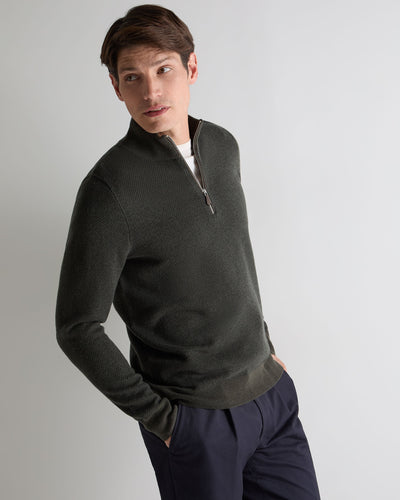 N.Peal Men's Temple Jacquard Half Zip Cashmere Jumper Arabica Khaki Green