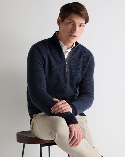 N.Peal Men's Temple Jacquard Half Zip Cashmere Jumper Blue Herringbone