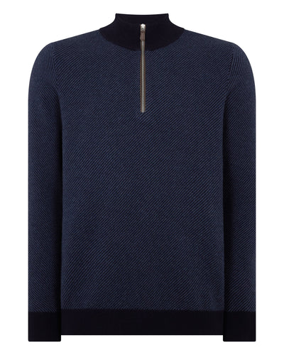 N.Peal Men's Temple Jacquard Half Zip Cashmere Jumper Blue Herringbone