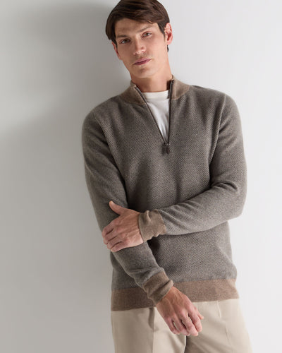 N.Peal Men's Temple Jacquard Half Zip Cashmere Jumper Smoky Herringbone Grey