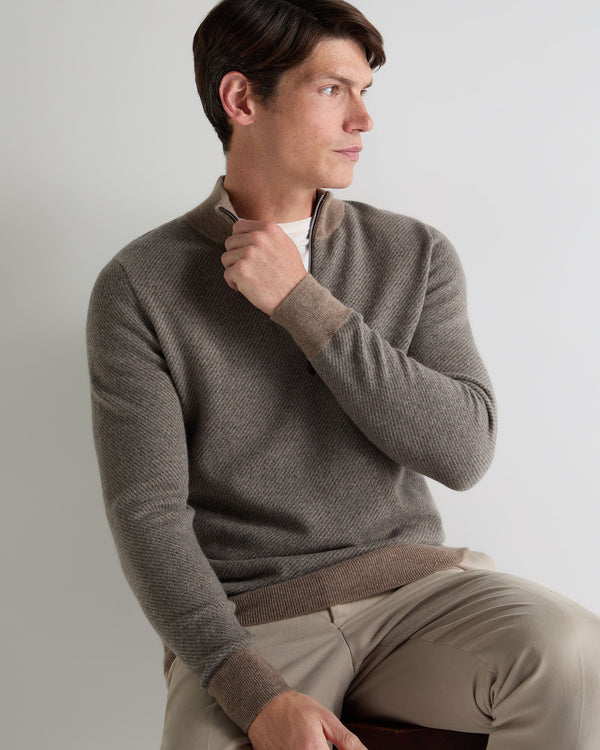 N.Peal Men's Temple Jacquard Half Zip Cashmere Jumper Smoky Herringbone Grey