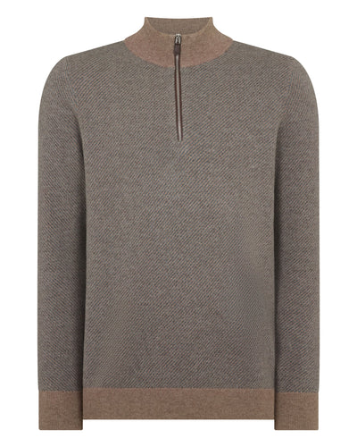 N.Peal Men's Temple Jacquard Half Zip Cashmere Jumper Smoky Herringbone Grey
