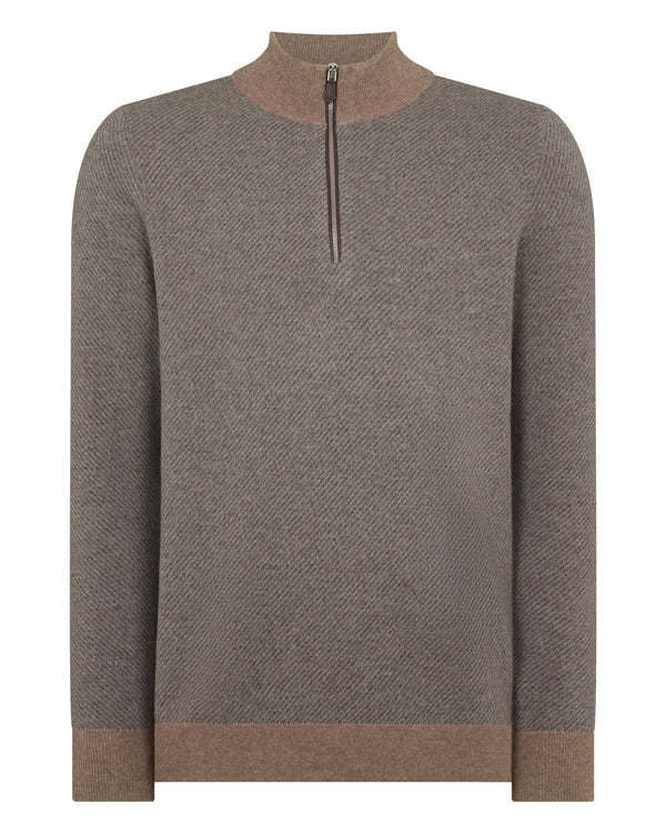 N.Peal Men's Temple Jacquard Half Zip Cashmere Jumper Smoky Herringbone Grey