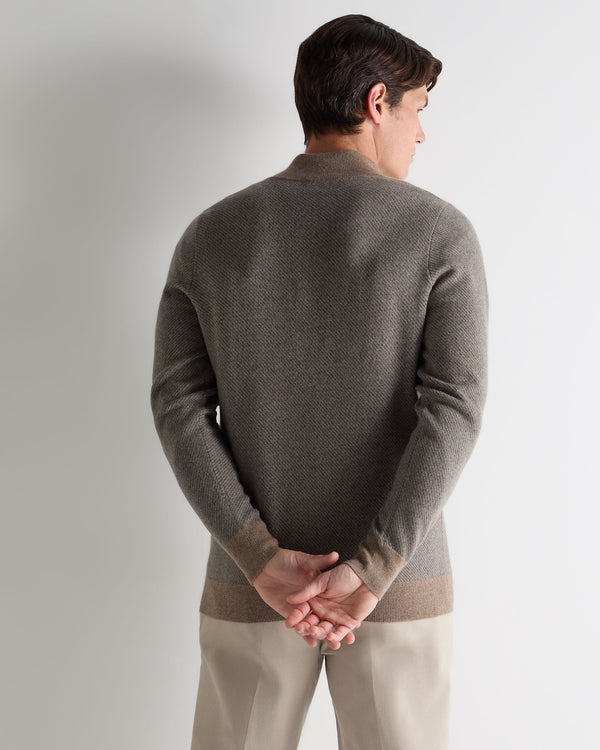 N.Peal Men's Temple Jacquard Half Zip Cashmere Jumper Smoky Herringbone Grey
