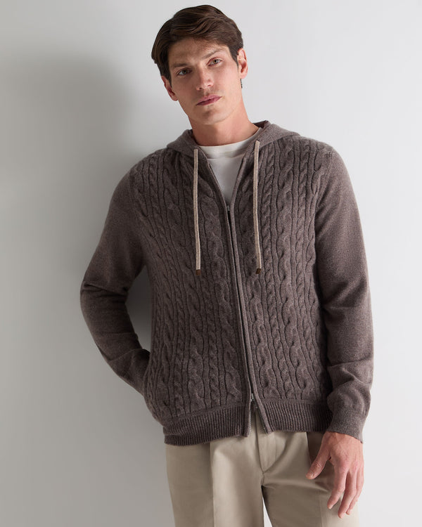 N.Peal Men's Fulham Cable Zip Cashmere Hoodie Otter Brown