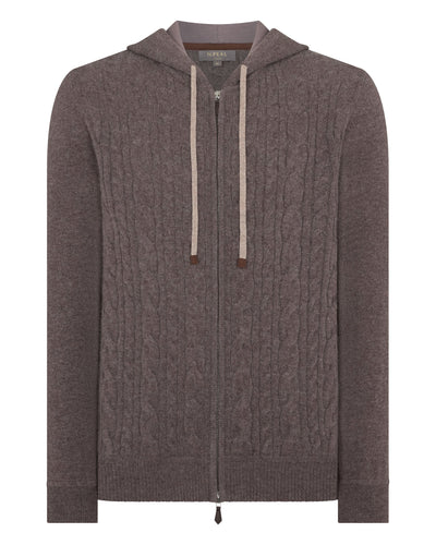 N.Peal Men's Fulham Cable Zip Cashmere Hoodie Otter Brown