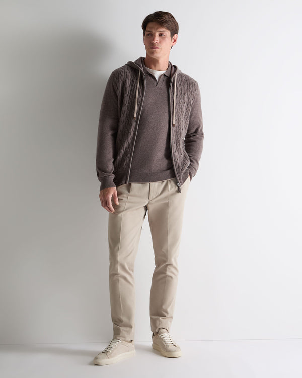 N.Peal Men's Fulham Cable Zip Cashmere Hoodie Otter Brown
