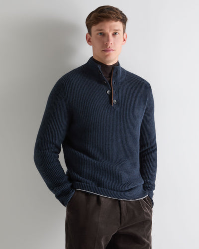 N.Peal Men's Beauchamp Half Button Cashmere Jumper Indigo Blue