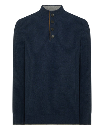 N.Peal Men's Beauchamp Half Button Cashmere Jumper Indigo Blue
