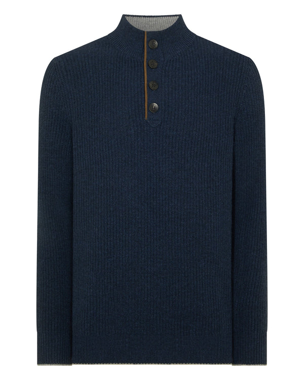N.Peal Men's Beauchamp Half Button Cashmere Jumper Indigo Blue