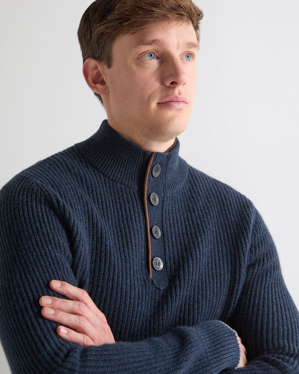 N.Peal Men's Beauchamp Half Button Cashmere Jumper Indigo Blue