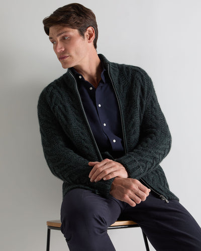 N.Peal Men's Cable Full Zip Cashmere Jumper Green Melange