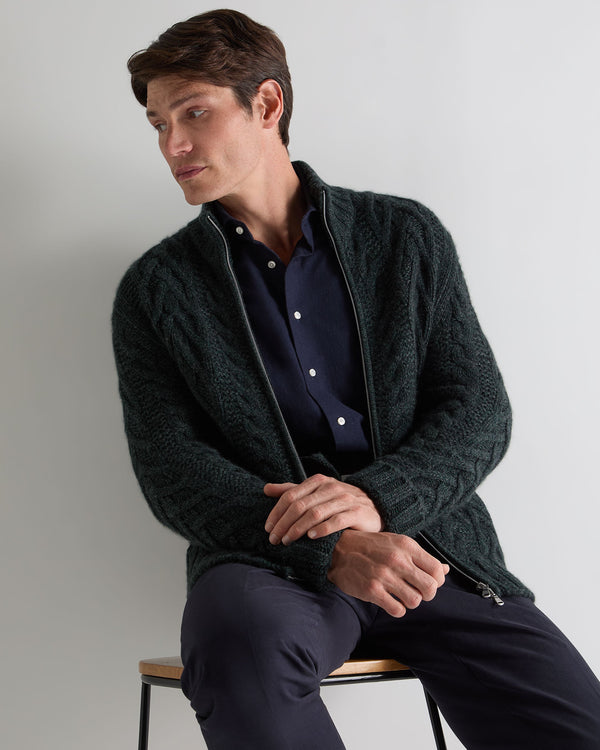 N.Peal Men's Cable Full Zip Cashmere Jumper Green Melange