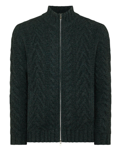 N.Peal Men's Cable Full Zip Cashmere Jumper Green Melange