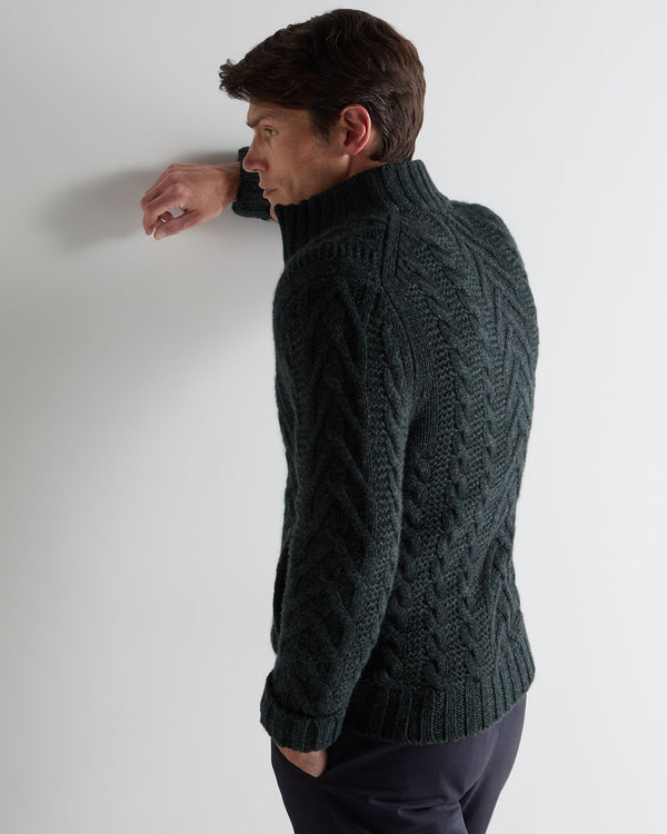 N.Peal Men's Cable Full Zip Cashmere Jumper Green Melange