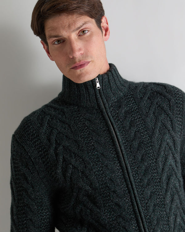 N.Peal Men's Cable Full Zip Cashmere Jumper Green Melange