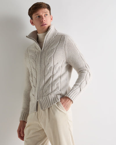 N.Peal Men's Chunky Cable Full Zip Cashmere Jumper Ash Grey Marl