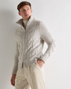Men's Chunky Cable Full Zip Cashmere Sweater Ash Grey Marl