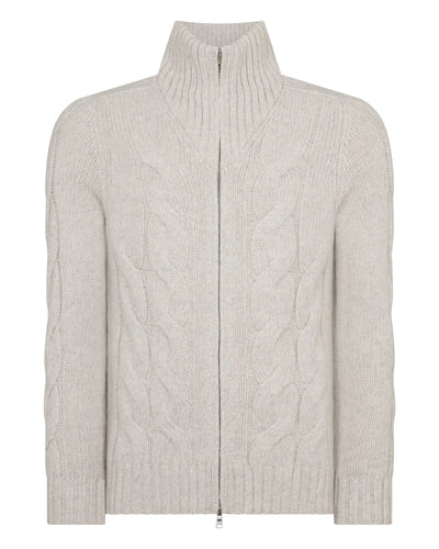 N.Peal Men's Chunky Cable Full Zip Cashmere Jumper Ash Grey Marl