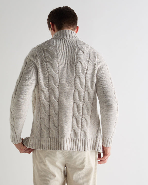 N.Peal Men's Chunky Cable Full Zip Cashmere Jumper Ash Grey Marl