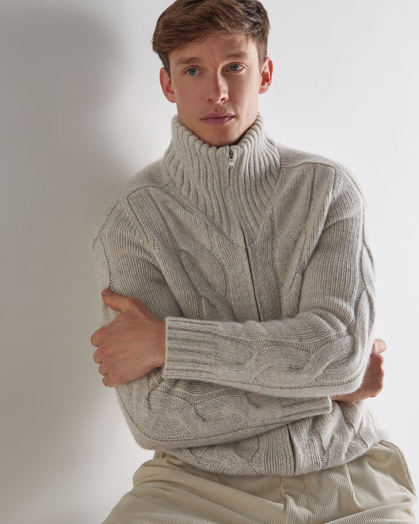 N.Peal Men's Chunky Cable Full Zip Cashmere Jumper Ash Grey Marl
