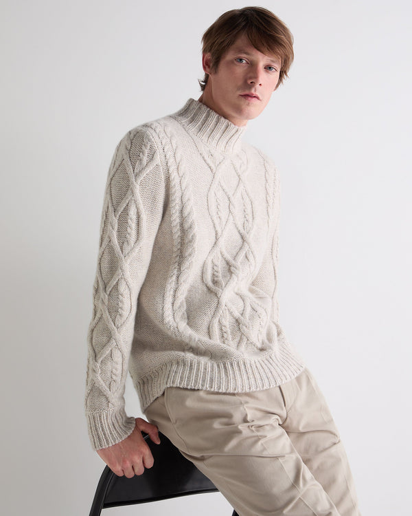 N.Peal Men's Hero Cable Cashmere Jumper Ash Grey Marl