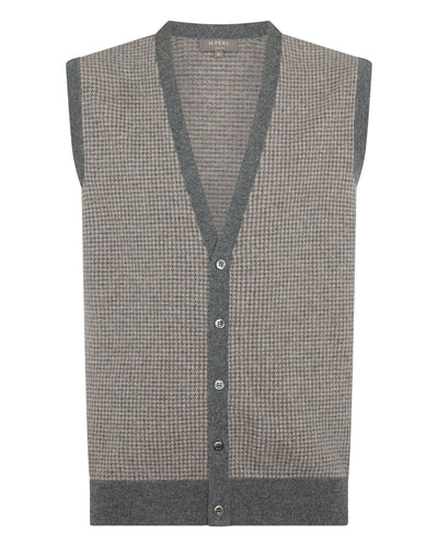 N.Peal Men's Sleeveless Cashmere Tank Top Oatmeal Houndstooth Brown