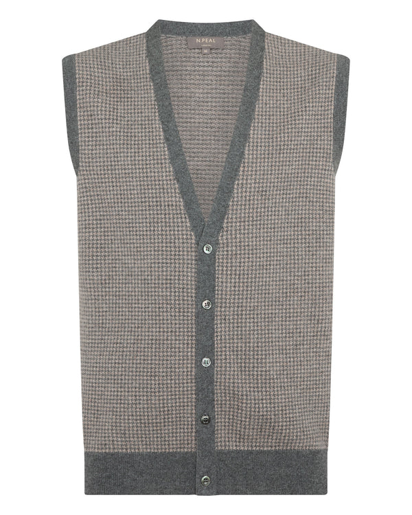 N.Peal Men's Sleeveless Cashmere Tank Top Oatmeal Houndstooth Brown
