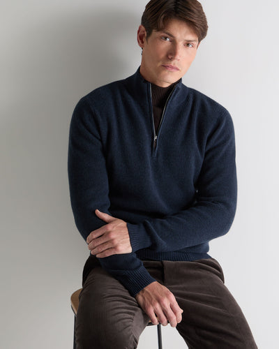 N.Peal Men's Ribbed Half Zip Cashmere Jumper Indigo Blue