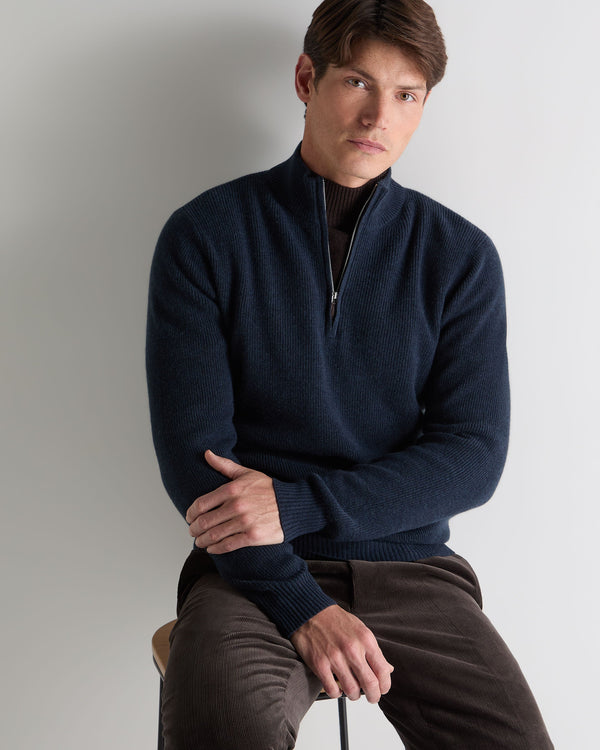 N.Peal Men's Ribbed Half Zip Cashmere Jumper Indigo Blue