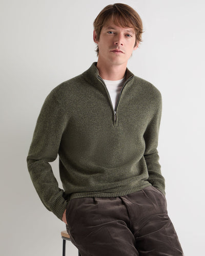N.Peal Men's Ribbed Half Zip Cashmere Jumper Moss Green