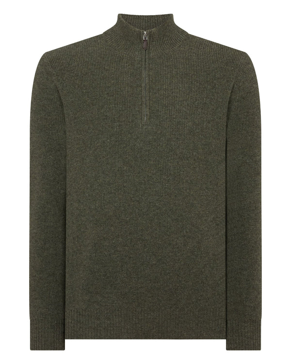N.Peal Men's Ribbed Half Zip Cashmere Jumper Moss Green