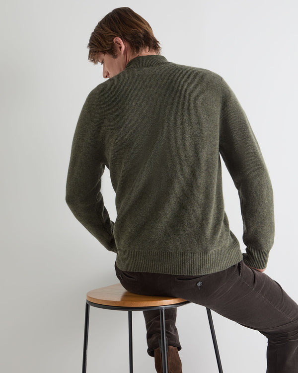 N.Peal Men's Ribbed Half Zip Cashmere Jumper Moss Green