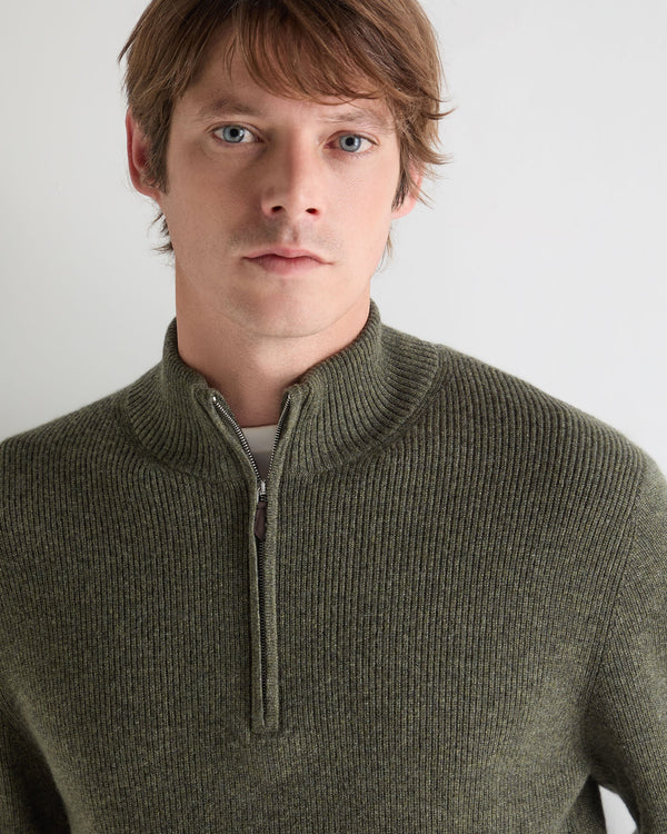 N.Peal Men's Ribbed Half Zip Cashmere Jumper Moss Green