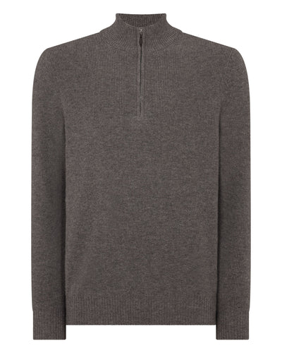 N.Peal Men's Ribbed Half Zip Cashmere Jumper Wood Smoke Brown