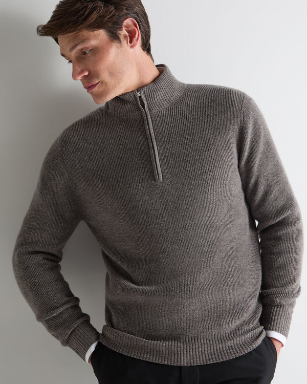 N.Peal Men's Ribbed Half Zip Cashmere Jumper Wood Smoke Brown