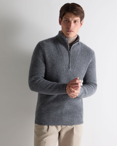 N.Peal Men's Half Zip Rib Cashmere Jumper Grey Melange