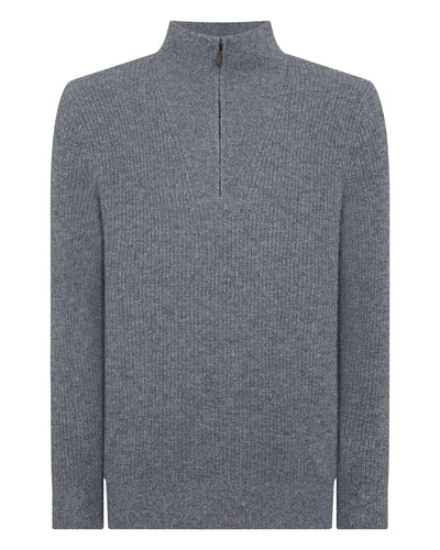 N.Peal Men's Half Zip Rib Cashmere Jumper Grey Melange