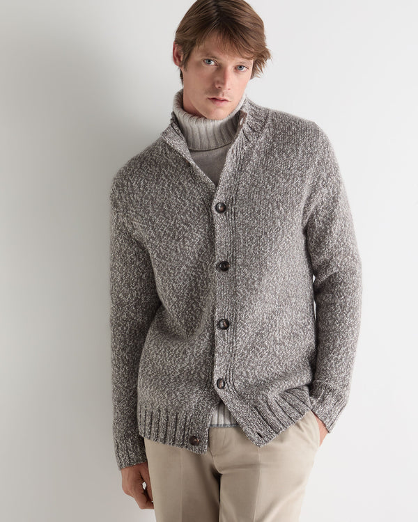 N.Peal Men's Button Through Marl Cashmere Cardigan Soft Truffle Brown Marl