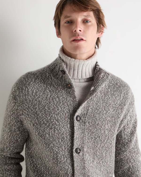 N.Peal Men's Button Through Marl Cashmere Cardigan Soft Truffle Brown Marl
